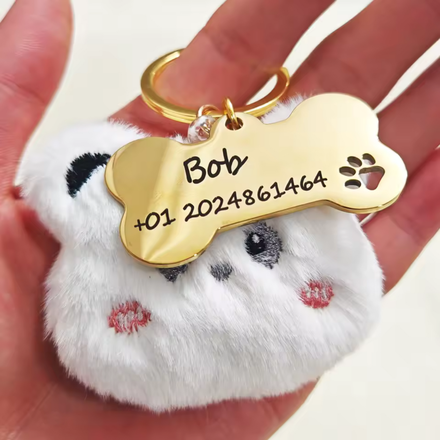 Porte-clé collier pour animaux – Petite peluche + gravure personnalisée