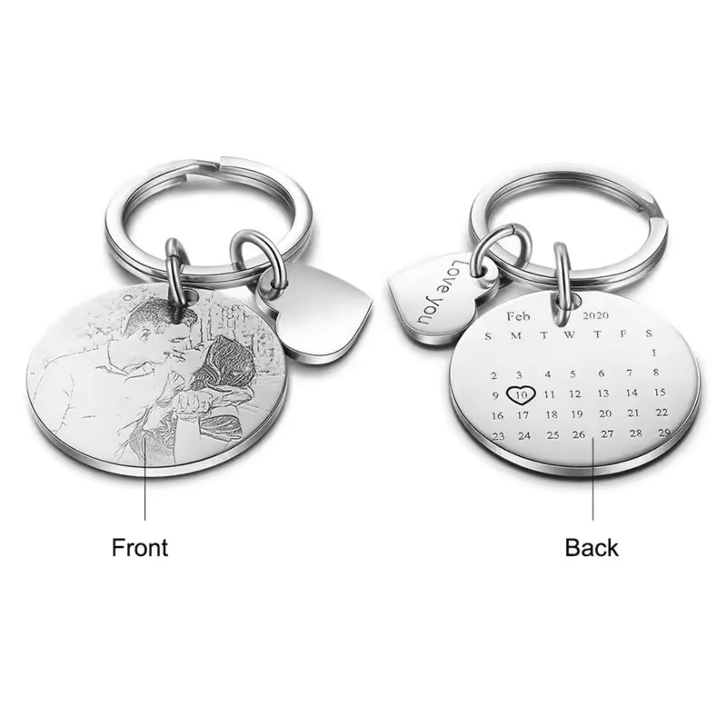 Porte-clé couple en acier inoxydable – Photo & date gravées avec cœur "I Love You"