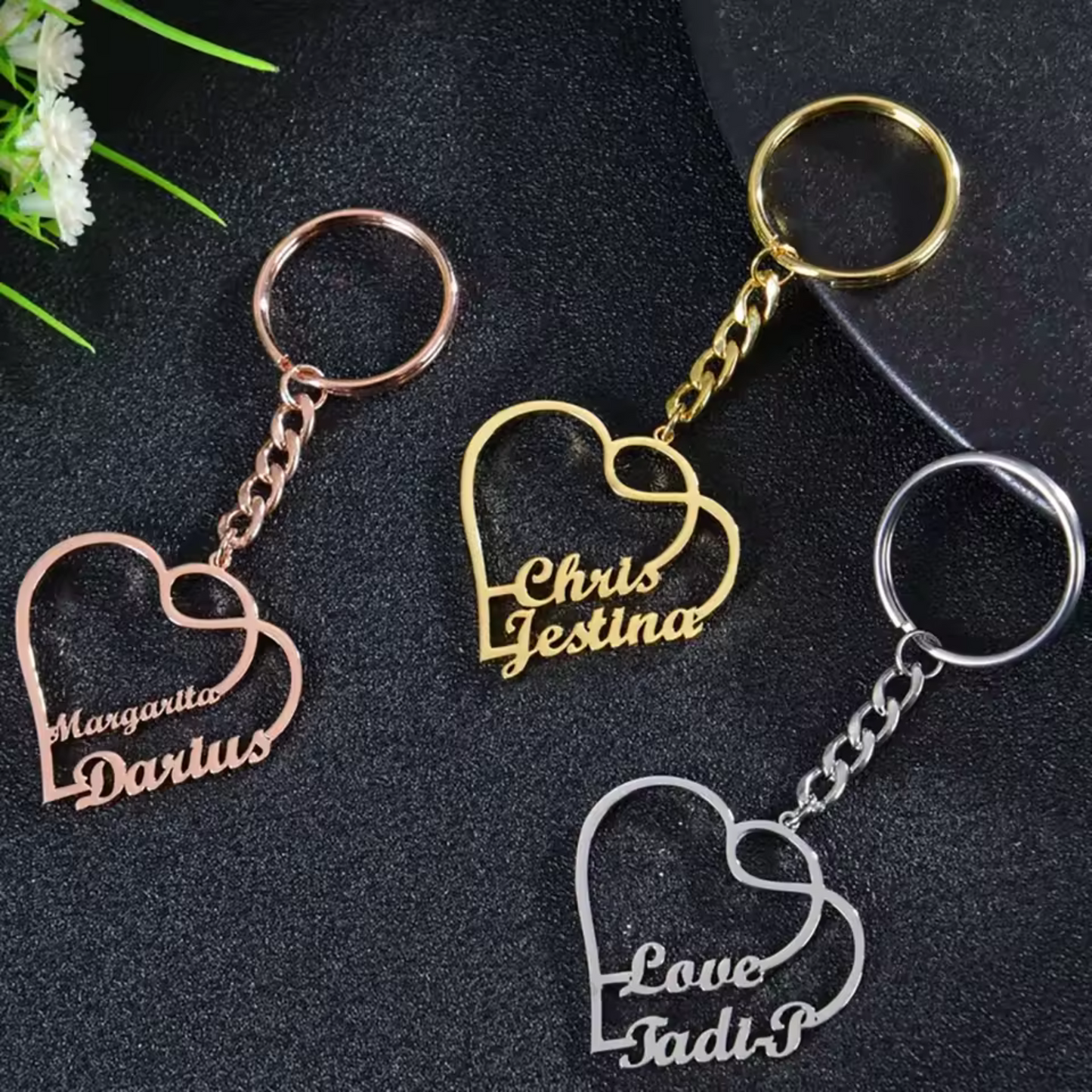 Personalized couple heart keychain with 2 first names (3 colors available)