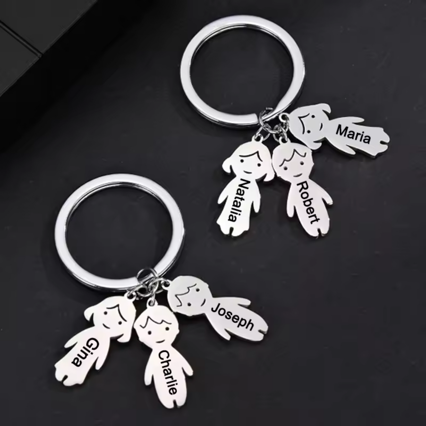 Stainless steel keychain – Silhouettes of your children with engraved first name or date