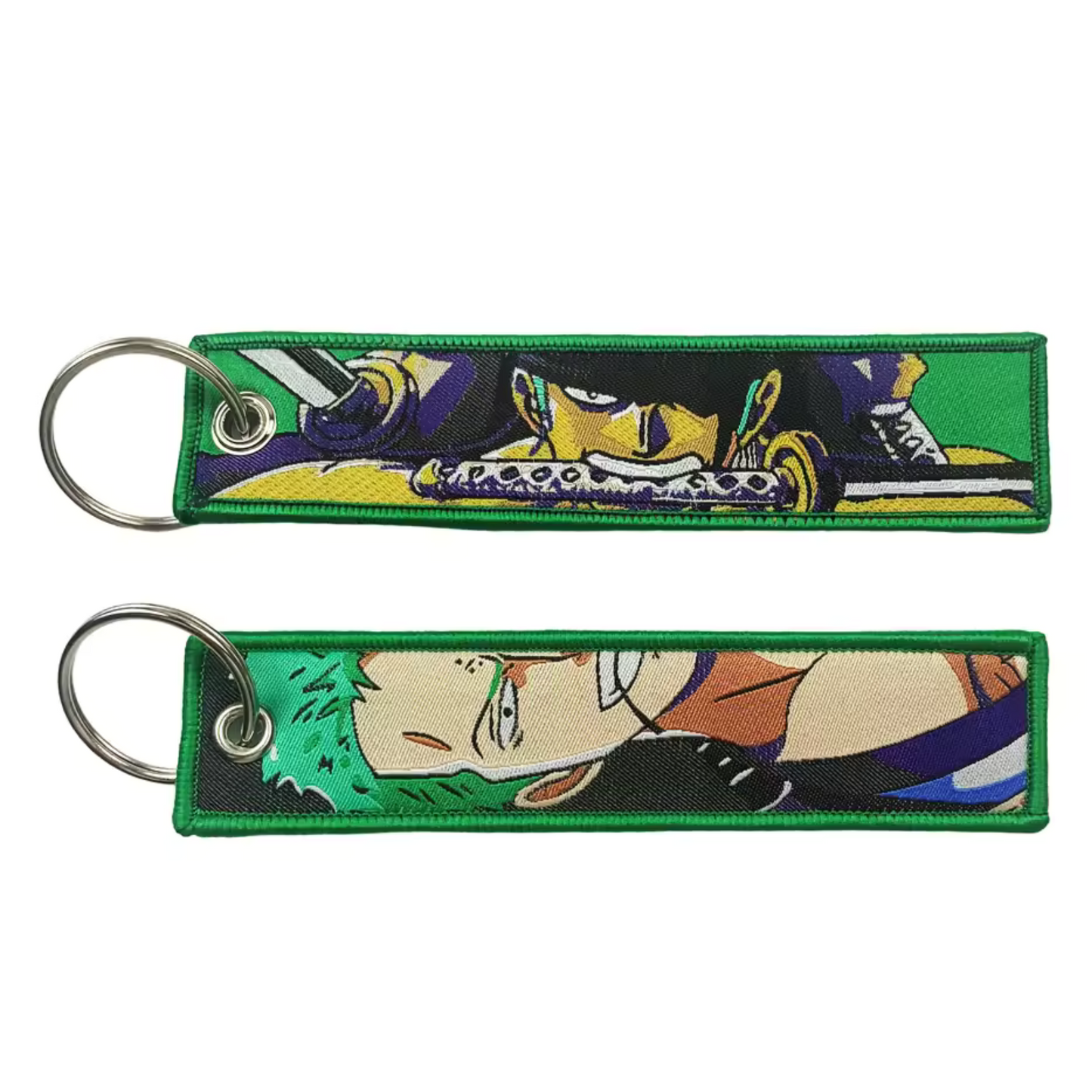 Affiche ta loyauté envers l'épéiste légendaire avec ce long porte-clé textile à l’effigie de Roronoa Zoro, armé de son katana vert ! Sur ses deux faces, retrouve Zoro dans une posture de combat emblématique, prêt à dégainer ses sabres avec une détermination inébranlable. Ce porte-clé robuste et stylé est parfait pour personnaliser tes clés, ton sac ou même ton rétroviseur, et te rappellera que la force et l'honneur sont les véritables armes d’un vrai samouraï. 