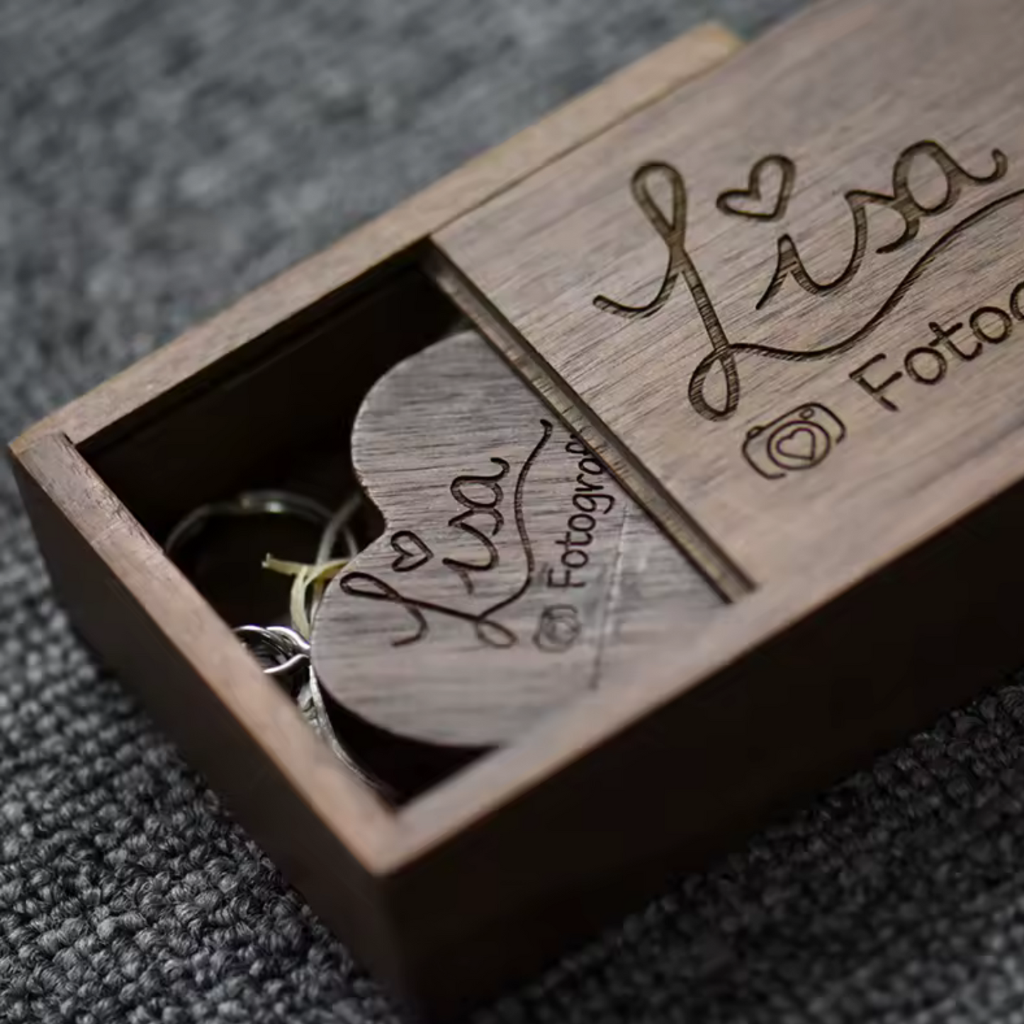 Wooden Heart USB Flash Drive with Personalized Box - Logo Engraving, Brown or Beige - Keychain