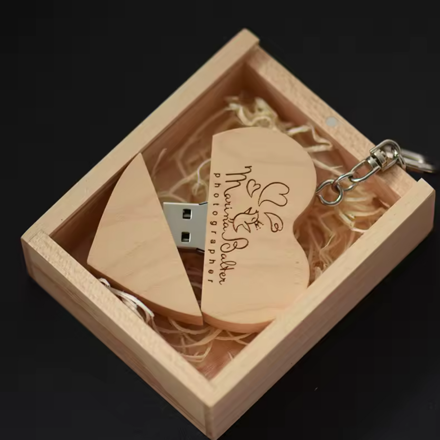 Wooden Heart USB Flash Drive with Personalized Box - Logo Engraving, Brown or Beige - Keychain