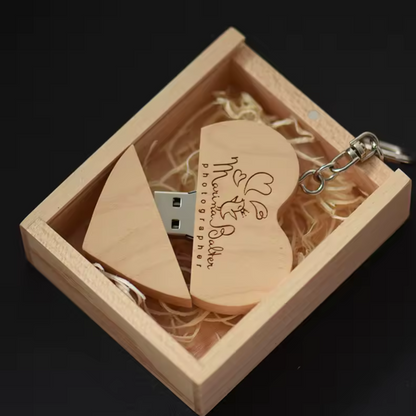 Wooden Heart USB Flash Drive with Personalized Box - Logo Engraving, Brown or Beige - Keychain