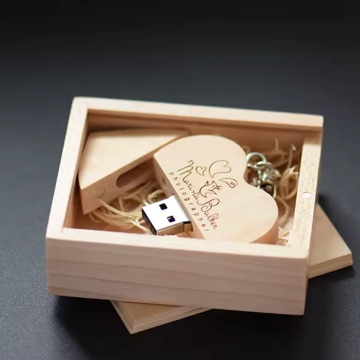 Wooden Heart USB Flash Drive with Personalized Box - Logo Engraving, Brown or Beige - Keychain