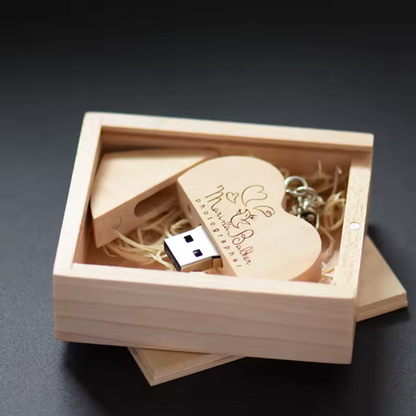Wooden Heart USB Flash Drive with Personalized Box - Logo Engraving, Brown or Beige - Keychain