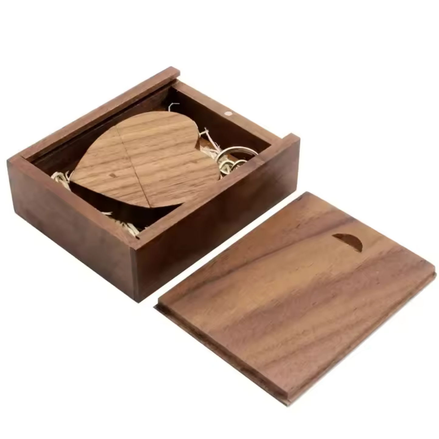 Wooden Heart USB Flash Drive with Personalized Box - Logo Engraving, Brown or Beige - Keychain