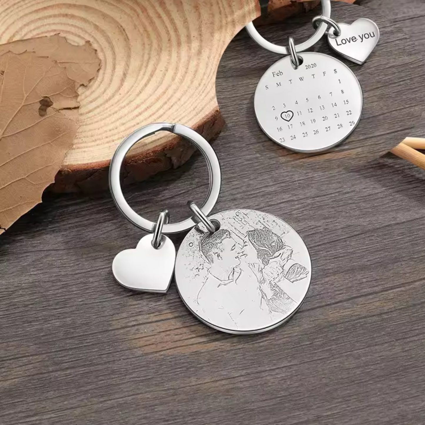 Porte-clé couple en acier inoxydable – Photo & date gravées avec cœur "I Love You"